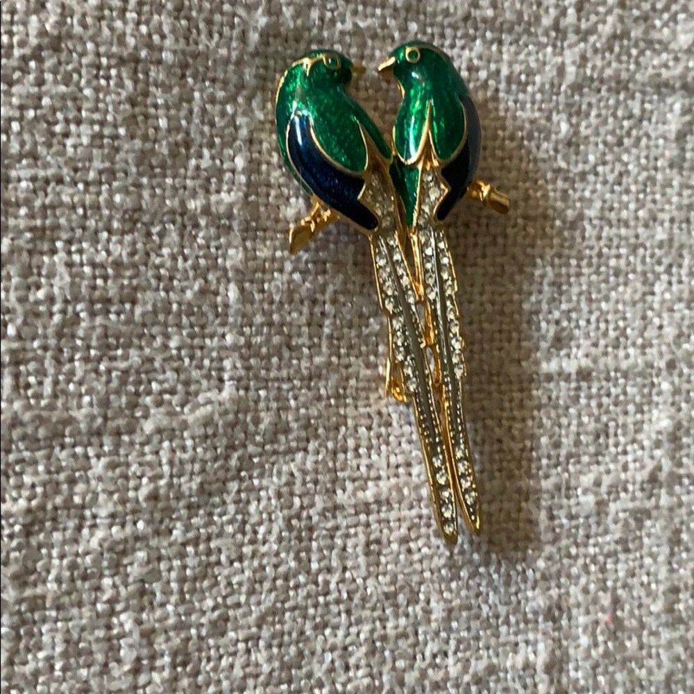 Enameled Green  & Blue Birds Brooch